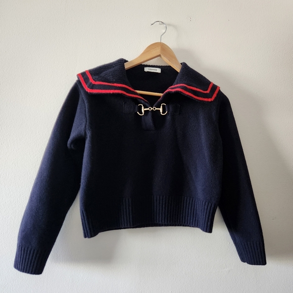 SANDRO WILLIANS Puritan Collar Wool Sweater in Navy Blue Size:0 - Picture 5 of 14